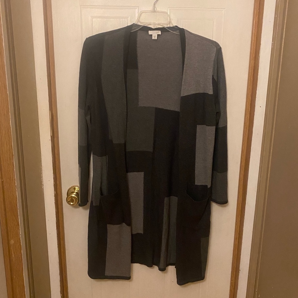 J. Jill Black and Gray Patchwork Bamboo Blend Long Cardigan Size M
